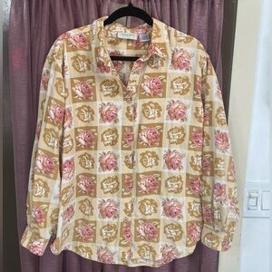 Vintage Corduroy Button Down Shirt w/ Checkered Rose Print
